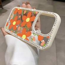 Funda para teléfono (1 unidad) Fondo blanco con flores naranjas y purpurina | Funda brillante para phone 11/12/13/14/15/16 - Rosa - Ver 4
