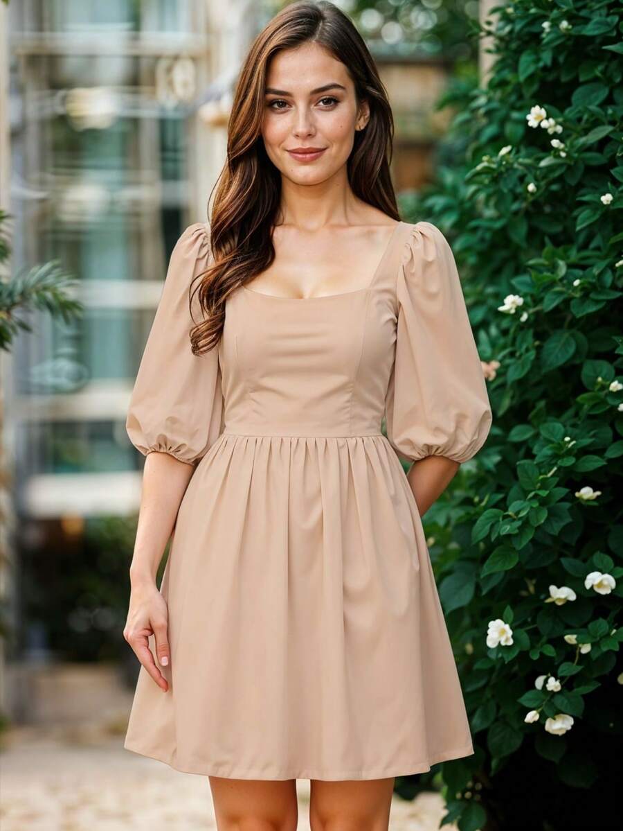 Vestido Corto de Escote Cuadrado con Manga Abullonada Casual para Mujer - Beis - Ver 1