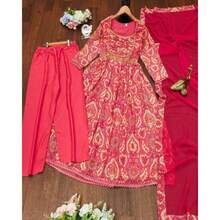 Dark Coral Pink Plus Size Anarkali Suit Set - Coral Pink - View 4