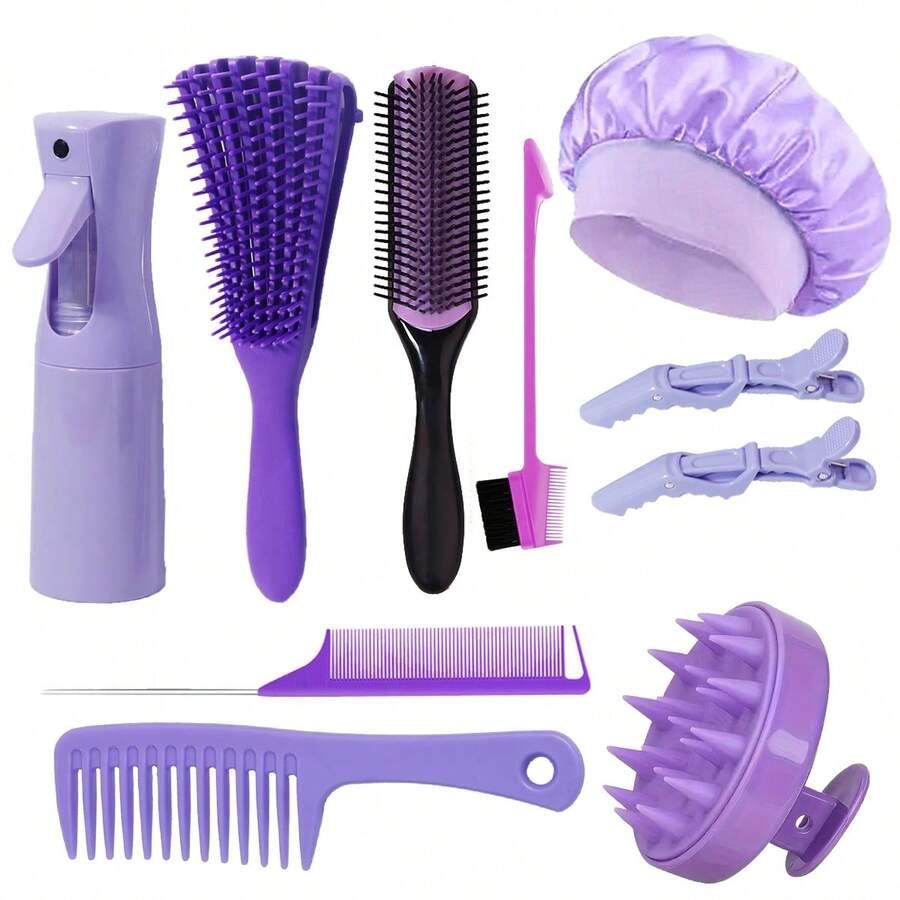 10件套美发梳套装，天然卷发专用梳子和喷雾瓶，含睡眠帽，适合家庭和沙龙使用。 - 彩色 - 查看 1