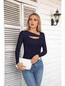 Womens Fashion Fall Cutout Long Sleeve Ribbed Slim Fitted Tops Shirts Tee Tshirts - Long-navy - View 5