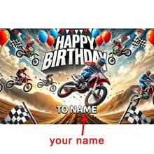 [Niestandardowy] Baner na przyjęcie urodzinowe z motywem motocykla terenowego, tło z poliestru z motywem wyścigów motocyklowych, nadaje się do dekoracji wielofunkcyjnych, fotobudki i imprez okolicznościowych bez zasilania