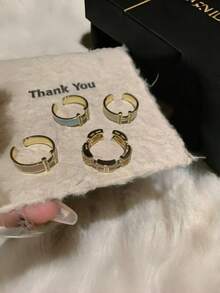 4 件套奢华字母 H 珐琅微镶嵌戒指，女士镂空感戒指，独特小众戒指