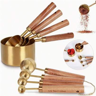 8pc Stainless Steel Measuring Cup And Spoon With Rosewood Handle, Durable Kitchen Baking Tools Including Spice Spoon And Coffee Spoon, Nested Design For Easy Storage, Suitable For Baking Cooking And Cocktail Making