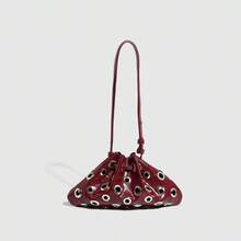 Edgy Metallic Rivet Shoulder Bag – Hollow Eyelet Drawstring Bucket Purse For Women |   Gothic-Chic Messenger Crossbody Bag - Rượu vang đỏ - Xem 3