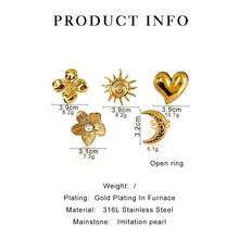 Monlansher New Stainless Steel Open Finger Rings For Women, Exaggerated Metallic Floral, Heart, Moon, Sun Flower & Mixed Elements Fashion Ring, Personalized , Suitable For Daily, Casual, Party, Single Or Stacked Wear - 金色 - 查看 8