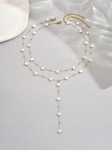 2pcs Stainless Steel Star Shaped Beaded Necklace, Gold Plating Y-Shaped Chain Necklace, Cute Style Suitable For Dating Or Valentine's Day Gift For Your Loved One, Sexy Collarbone Chain Accessory - Gold - View 7