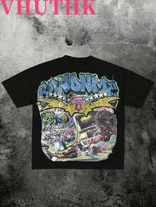 VHUTHK Double Sided Printing (220 Pure Cotton T-Shirt) 'GRNONME' Letters And Sci-Fi Patterns Double Sided Printing Men's Summer Round Neck Short Sleeved Casual Pure Cotton Printing100% Cotton Fabric Is Soft And Breathable - 黑色 - 查看 3