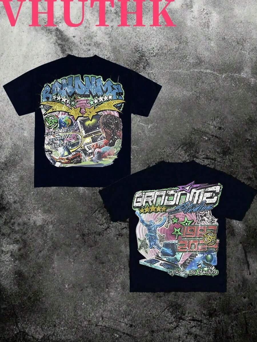 VHUTHK Double Sided Printing (220 Pure Cotton T-Shirt) 'GRNONME' Letters And Sci-Fi Patterns Double Sided Printing Men's Summer Round Neck Short Sleeved Casual Pure Cotton Printing100% Cotton Fabric Is Soft And Breathable - 黑色 - 查看 1