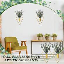 2 Pieces Wall Decor Hanging Planters With Artificial Plants Metal Hanging Vase Indoor Plants Holder Geometric Wall Art For Home Bedroom Living Room Office(Eucalyptus,Medium) Halloween Christmas New Year - 薑色 - 查看 11