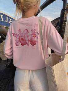 1 件女童休闲印花圆领长袖 T 恤，秋季学生年轻服装 - 粉色 - 查看 7