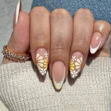 Uñas postizas de punta francesa para primavera y verano - Uñas acrílicas falsas con diseño de flor amarilla para mujer, cortas con forma de almendra, 24 piezas, para picnic al aire libre, boda o fiesta, con pegamento reutilizable