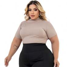 Cacharrel Women's Plus Size Blouse Short Sleeve High Neck Ribbed GG To G3 - 黑色 - 查看 2