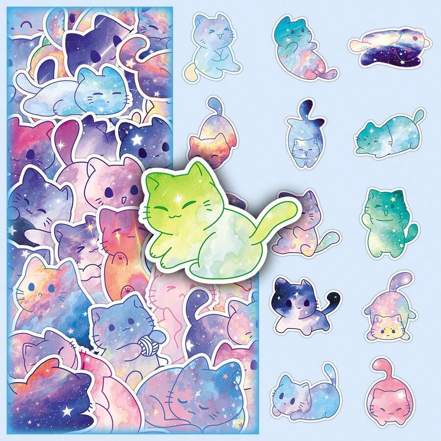 50 件梦幻水彩星空猫涂鸦原创卡通可爱装饰贴纸适用于笔记本、铅笔盒、橱柜房间装饰家居装饰墙壁装饰墙贴客厅装饰个性化贴纸趣味贴纸剪贴簿用品剪贴簿 - 彩色 - 查看 1