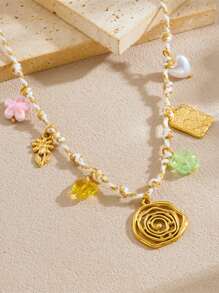 1 Creative, Personalized, Multi Colored Braided Rope Chain Necklace With Gold-Plated Circle, Geometric Shape, Sun Flower, Conch Pendant, Stainless Steel Collarbone Chain