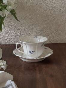 法式浪漫花瓣壓紋珠飾陶瓷杯碟套組，波浪邊花卉咖啡杯附對應碟盤，藍色花卉瓷製手持茶杯，下午茶甜點碟，居家咖啡廳優雅拿鐵卡布奇諾飲具禮品 - 彩色 - 查看 6