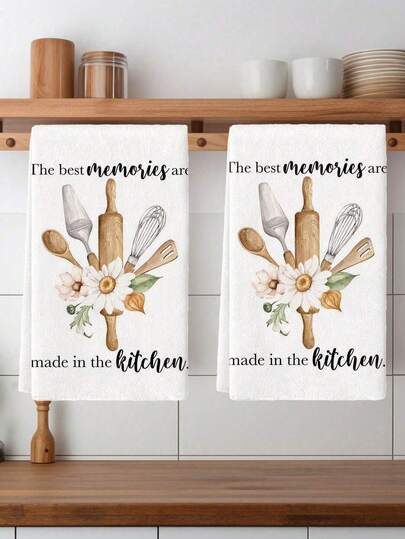 2 件厨房工具毛巾厨房抹布，带花朵图案的涤纶手巾，超柔软编织洗碗布，可机洗，非常适合节日礼物和家居装饰。