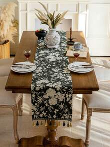 1 pieza Tapete de mesa con bordado floral de estilo retro francés de lujo con flecos, color verde, apto para vacaciones, reuniones, fiestas, bodas, decoración del hogar, todas las estaciones. - Verde Oscuro - Ver 10