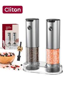 CLITON Electric Salt And Pepper Grinder Set, Automatic Salt And Pepper Grinder Set, One Handed Operation Refillable Mill With Light, Adjustable Coarseness - 2 Mills,Electric Salt And Pepper Shakers 2 Set,Battery Operated Salt And Pepper Grinder Set Battery Powered With LED Light, Electric Pepper And Salt Grinder Mill & Reffiable Adjustable Coarseness - Silver - View 2