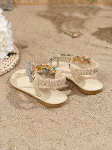 2025 New Style Children Sandals, Beach Sandals, Brand Name Sandals, Fashionable Beige Sandals, Rhinestone Sandals, Bohemian Style Sandals, Comfortable & Durable, Handwoven Shoelaces - Multicolor - View 6