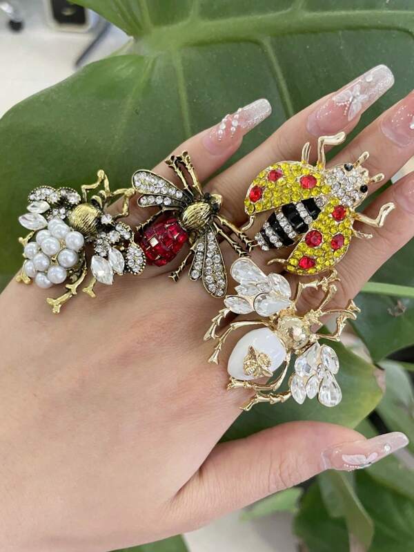 1PC Personalized Hip Hop Fashion Alloy Set Artificial Crystal Zirconia Pearl Drip Oil Ladybug Bee Insect Series Open End Ring Rock Holiday Party Music Festival Wear, Men's And Women's Versatile Charm Jewelry Gift For Friends Brothers Classmates
