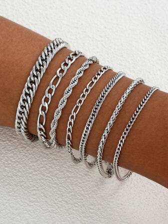 7pcs/Set Punk Style Stainless Steel Chain Bracelet Set For Men, Casual Couple Friends Travel Dating Party Accessory