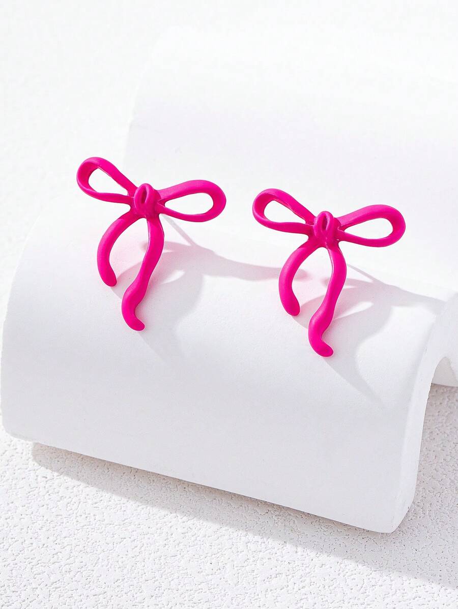 1 Pair Of Rose-Red Minimalist Elegant Bow Earrings Suitable For Ladies' Daily Use, Dates, Parties, And As A Fashionable Surprise Gift For Girlfriends Or Daughters.