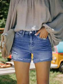 [Stretchy Denim Shorts] Stretchy Denim Shorts, Women's Mid-Rise Ripped Shorts With Frayed Raw Hem | 5 Pockets, Zipper Fly, Soft Blend, Perfect For Summer, Beach, And Casual Outings  Plain    Casual    Pocket  Button  Zipper - 白色 - 查看 5