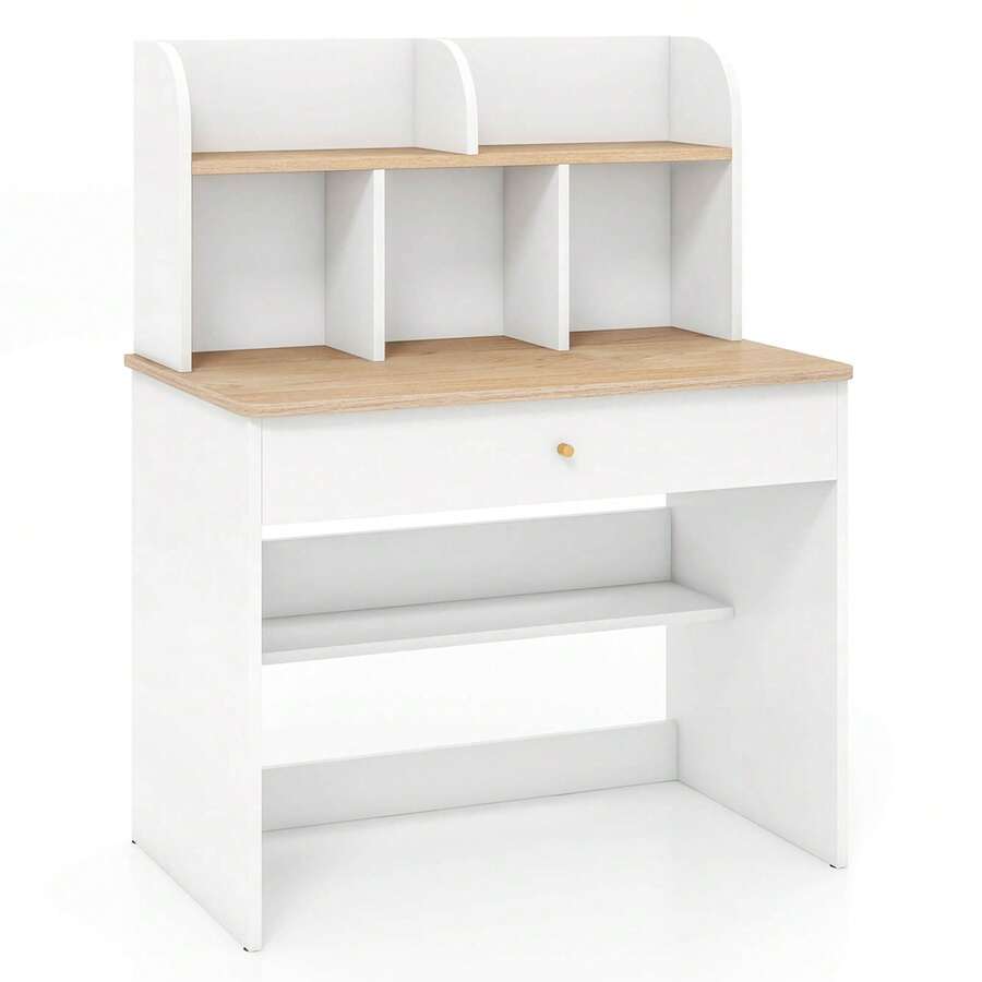 Lifezeal Kids Wooden Study Desk Children Writing Table With Hutch & Drawer White - White - View 1
