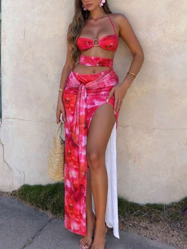 Summer Print Hollow Sexy High Split Halter Dress