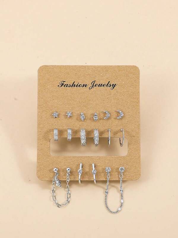 8 Pairs Alloy Zirconia Pendant Earrings Set, With Random Flattened Chain