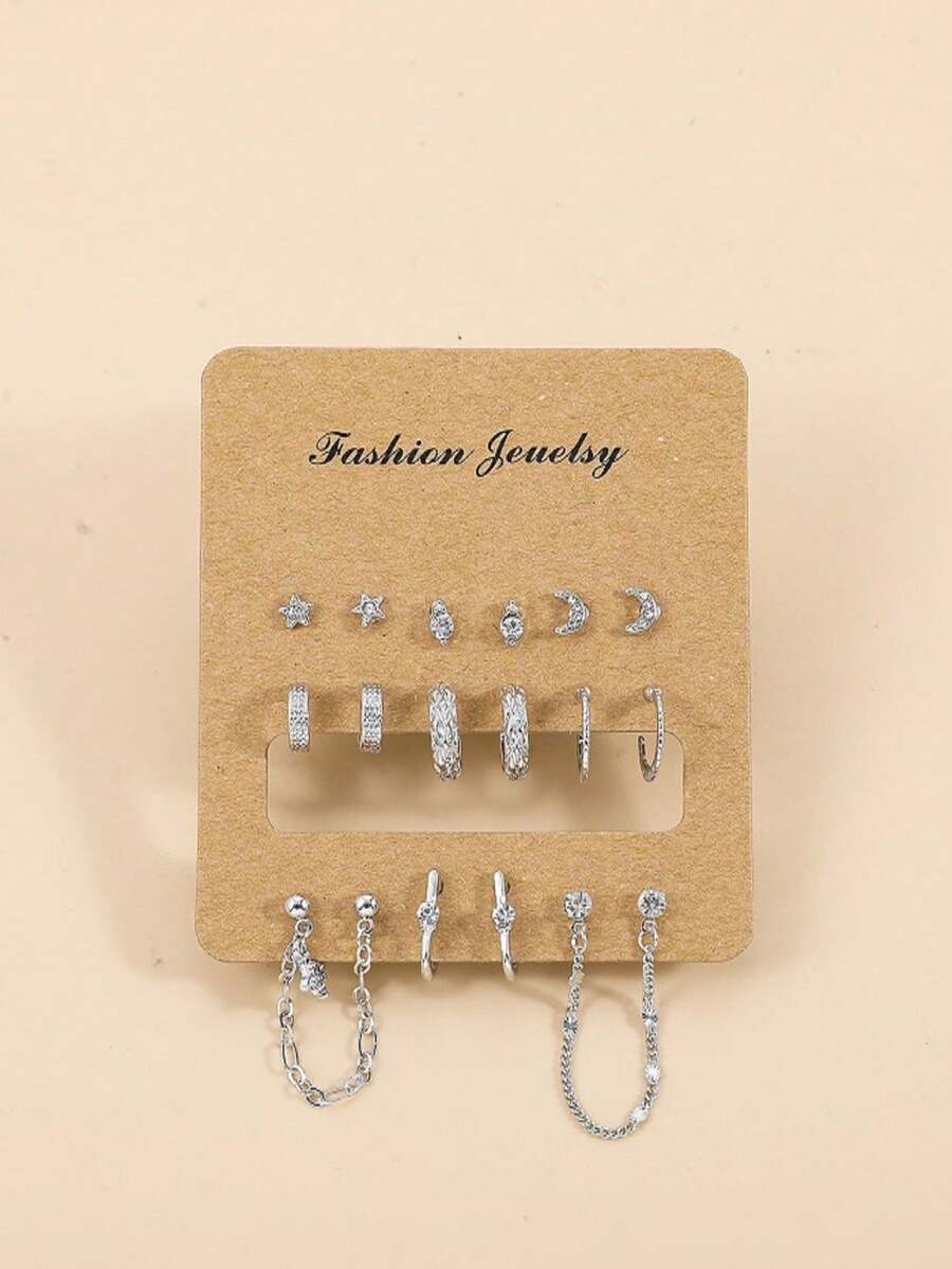 8 对合金锆石吊坠耳环套装，配随机扁平链 - 銀色 - 查看 1
