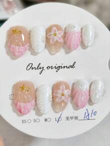 10 件套手工梦幻 3D 贝壳全覆盖按压指甲，杏仁形，适合女士和女孩日常和派对，海滩度假指甲，精美礼品美甲用品