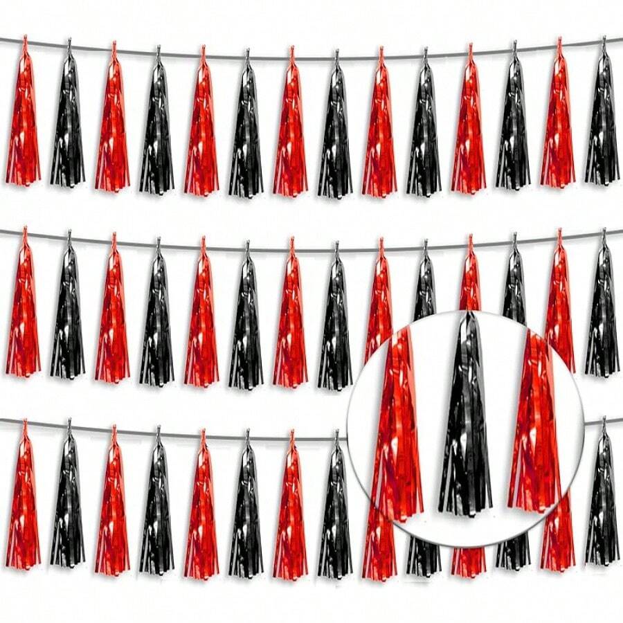 3P Metallic Fringe Tassel Banner Garland Foil Tinsel Streamer Wall Hanging Curtain Backdrop Banner For Parade Floats, Graduation Decorations, Father's Day Party Decoration(Silver)Halloween Christmas New Year - 黑色紅色 - 查看 1