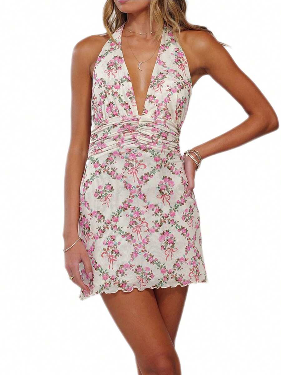 Womens Boho Floral Print Halter Neck Bodycon Dress Summer V Neck Sleeveless Backless Ruched Party Mini Dress Beach Vacation Sundress - White - View 1