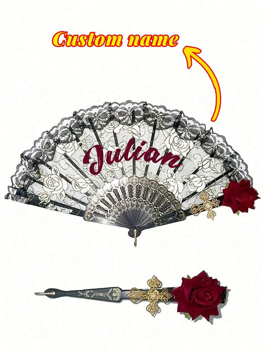 Custom Name Lace Folding Fans ,Custom Personalized Wedding Souvenir,Custom Vintage Rose Lace Folding Fan Elegant Black Hand Fan,Suitable For Wedding Favors, Suitable For Parties & Weddings, Birthday, Mother's Day, Easter And Other Occasions,Compact Design For Easy Travel ,Ornamental Fashionable. - Multicolor - View 1