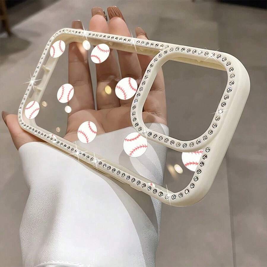 Funda para teléfono 1 unidad, fondo blanco, estampado de béisbol rosa, con purpurina, doble cara | Funda brillante para phone 11/12/13/14/15/16 - Blanco - Ver 1
