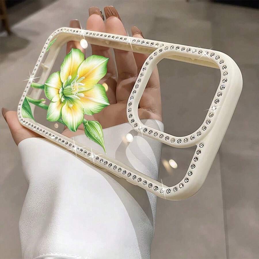 Funda para teléfono con diseño de flor verde amarillenta, elegante, doble cara, brillante | Funda brillante 11/12/13/14/15/16 - Blanco - Ver 1