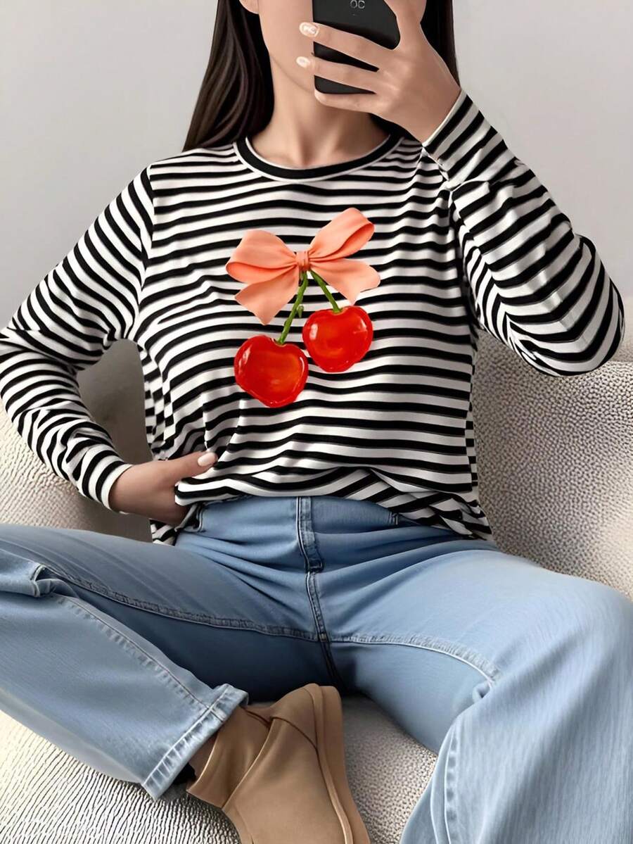 Camiseta playera de manga larga de cuello redondo ajustadas con estampado de cerezas en estilo retro para niñas preadolescentes, en blanco y negro, para uso cómodo en verano Camiseta manga larga niña estampado cereza - Suave y cómoda camiseta de manga larga Camisetas casuales de cuello redondo de manga larga con estampado para niñas, ropa de verano para estudiantes jóvenes - Estampado de cereza, ¡las camisetas vibrantes traen alegría y felicidad a cada niño! - Blanco y Negro - Ver 1