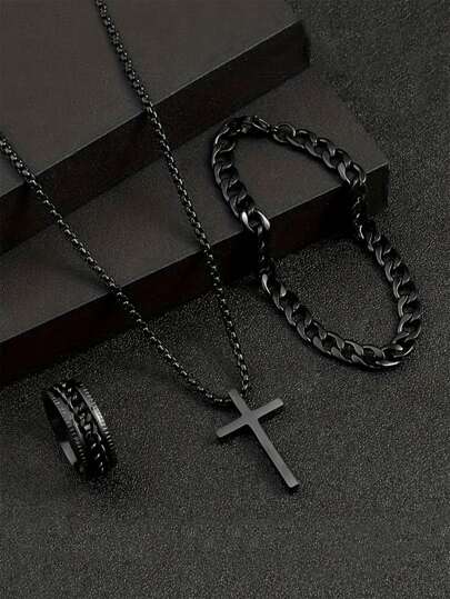3 قطعة/مجموعة مجموعة مجوهرات من الفولاذ المقاوم للصدأ تشمل سوار وقلادة وخاتم للرجال، لارتداء اليومي