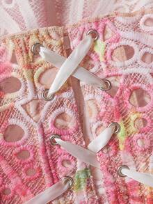 1pc Pink Textured Sheer Floral Lace Corset Hollowed Out Bustier Cute Crop Top For Daily Wear/Party/Wedding - 粉色 - 查看 9