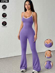 1 件套无袖纯色薄吊带背心撞色紧身连体衣阔腿喇叭裤休闲性感露背连体衣