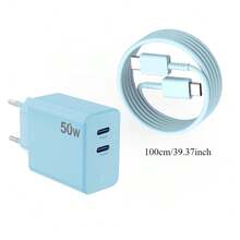 50W Dual Port USB-C Charger, With GAN PD3.0 Fast Charging Adapter And 1M Data Cable, Compatible With Macbook Pro/Air M1/M2, XPS 15/16, Compatible With IPad Pro/Air, Pixel, Galaxy S23 Ultra/Plus - EU Plug - EU C Type Plug(220-240V) - View 9