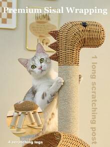 PAWZ Road Modern Cat Tree, 46-Inch Wooden Cat Tower With Dinosaur Design, Large Rattan Tree And 5 Fully Wrapped Sisal Scratching Posts For Indoor Cats - 米色 - 查看 3