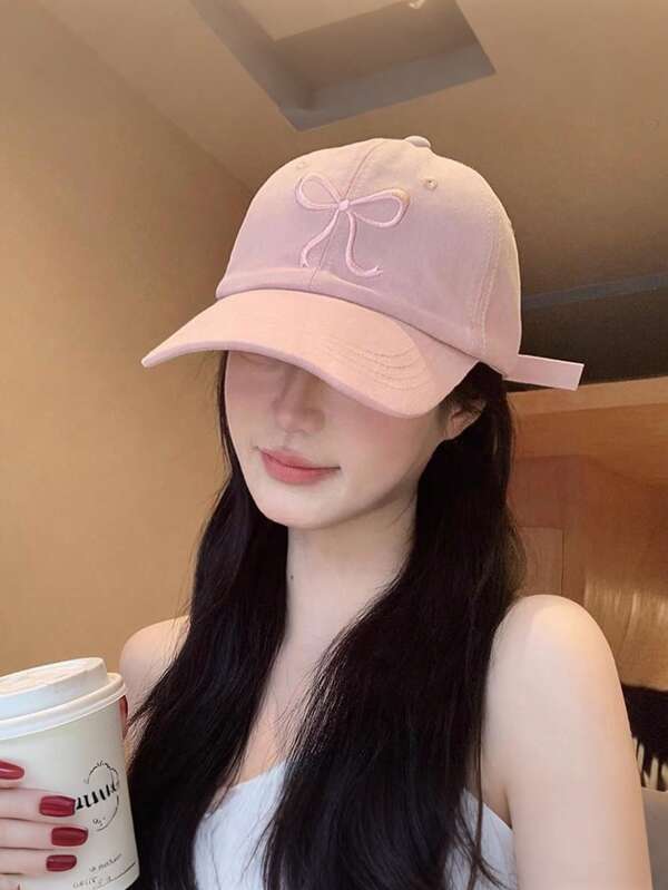 1pc Adjustable Baseball Cap With Pink Bow Embroidery - Sweet And Cute Style, All Season Foldable Polyester Cap, Snap Closure, Perfect Gift For Women, Embroidered Baseball Cap
