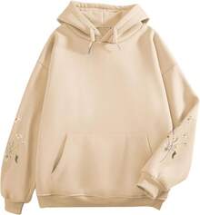 Women's Floral Printed Hoodies Vintage Aesthetic Flower Graphic Sweatshirt Cute Boho Fleece Thermal Hoodie Pullover - Màu be - Xem 2