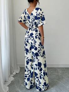 女式褶皱不对称黑白印花连体裤，腰带高腰阔腿宽松休闲工作连体裤 - 藏蓝色 - 查看 2