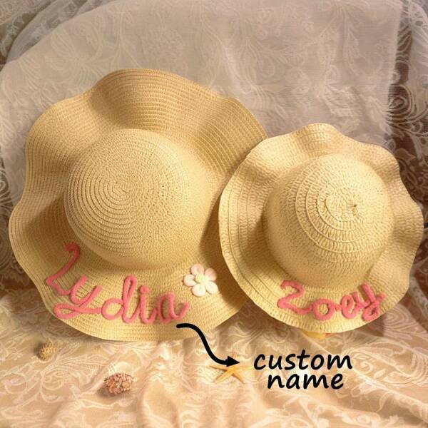 Personalisierter Name Personalisierte Buchstaben Strohhut Strand Sonnenhut Set, Eltern-Kind Hut, Sommer Strandhut, Feiertags Hut