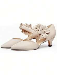 Women's Low Heel Dressy Shoes Elegant Kitten Heels Pointed Toe Floral Heels Comfy Slip On Ankle Strap Party Pumps With Flower  - 米色 - 查看 3