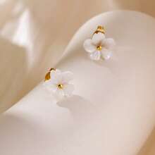 1 件 18K 金真空镀不锈钢贝壳花耳钉和开口戒指首饰套装，精致百搭的欧洲风格 - 花朵 - 查看 3